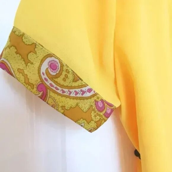 VINTAGE 70's blouse button down top yellow paisley cuffs - Picture 4 of 5
